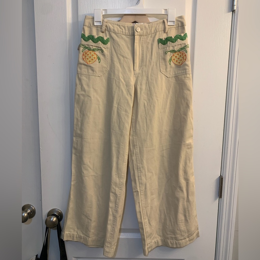 BDG Urban Outfitters Joey Cream Straight Leg Fruit Embroidered Mid Rise Pants - Picture 4 of 6